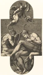 Apollo, Pan och en putto som blåser i horn, från en serie om åtta kompositioner efter Frankrike..., 1560-talet.