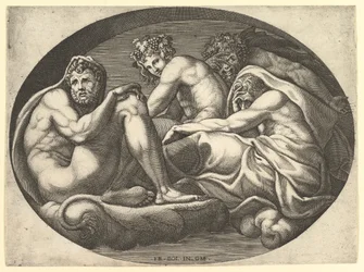 Hercules, Bacchus, Pan och Saturnus, från en serie om åtta kompositioner efter Francesco P..., 1560-talet.