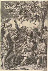 Vila på flykten till Egypten, den heliga familjen under en palm omgiven av änglar, uttryckt..., 1578.