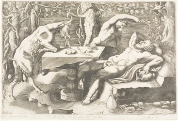 Satyr försöker väcka Silenus med en vinranka