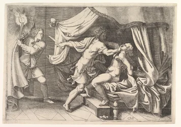 Tarquin attackerar Lucretia, en tjänare till vänster som bevittnade platsen, ca. 1540.