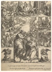 Jungfruns kröning, omgiven av nio vinjetter med scener ur livet för..., senast 1575.