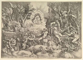 Procris död, Cephalus sörjer Procris död till höger omgiven av..., ca. 1540.