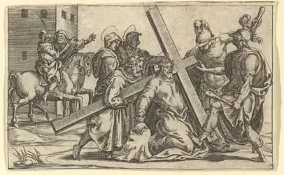 The Virgin of Sorrows: Christ Bearing the Cross, en av nio omgivande fack f..., år 1575.