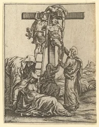 The Virgin of Sorrows: The Descent from the Cross, en av nio omgivande fack..., år 1575.
