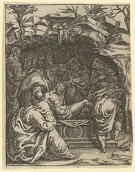 The Virgin of Sorrows: The Entombment, en av nio omgivande fack från Vi..., år 1575.