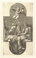 Three Muses and a Putto with Cymbals, en korsformad komposition, från en serie om åtta kom..., 1560-talet.