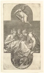 Three Muses and a Putto with a Lyra, en korsformad komposition, från en serie om åtta komp..., 1560-tal.