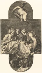 Tre musor och en putto ovan med en lyra, från en serie om åtta kompositioner efter Fran..., 1560-talet.
