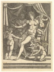 Venus och Vulcan sitter på en säng och tre putti, mitten av 1550-talet.
