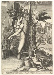 Venus prickad av törnen på en rosenbuske, i bakgrunden Mars jagar Adonis, i ..., 1556.