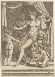 Venus och Vulkan sittande på en säng