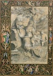 Kant av ett upplyst manuskript som omger en teckning efter Rafaels The Holy family under the Oak (tillskriven Clovio),
