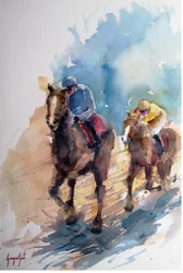 Målning av galopperande jockeys