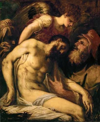Död Kristus, stödd av en ängel och av Josef av Arimatea ... (målning på duk)