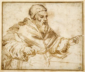 Clement VII sittande vid ett bord (penna och bläck på papper)
