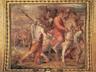 Cosimo I på väg i exil, fresk av Giorgio Vasari (1511-1574). Salone dei Cinquecento (Hall of the Five Hundred), Palazzo Vecchio, Florens. Italien