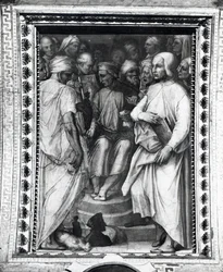 Cosimo de Medici sitter bland filosofer och konstnärer i Sala di Cosimo il Vecchio