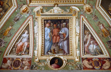Detalj av Cosimo de Medicis rum som representerar sig själv med konstnärer och intellektuella (fresk