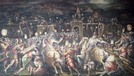Italien, Florens, Palazzo Vecchio (gamla palatset), Salone dei Cinquecento, intagande av fortet nära Port Camollia i Siena