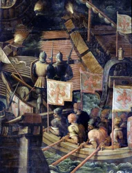 Sjöslag mellan Florens och Pisa. Detalj. Tak i vardagsrum i Cinquecento. Manéristisk målning av Giorgio Vasari (1511-1574) ,1565. Palazzo Vecchio (Palazzo della Signoria) Florens 1097.1