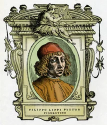 Porträtt av Filippo Lippi (1406-1469) florentinsk målare. Xylografi från "Målarnas liv" av Giorgio Vasari.