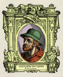Porträtt av Giovanni da Udine (Giovanni Nanni) (1487-1564). Italiensk målare och arkitekt. Gravering av godbiten "" Lives of the most excellent painters, sculptors and architects "" (The Lives of the most excellent painters, sculptors and architects) av Gi