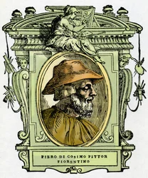 Porträtt av Piero di Cosimo (ca 1462-1521?), florentinsk målare. Gravering av godbiten "" Lives of the most excellent painters, sculptors and architects "" (The Lives of the most excellent painters, sculptors and architects) av Giorgio Vasari