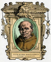 Porträtt av den florentinska målaren Fra Bartolomeo (1473-1517) .. Gravering av godbiten "" Lives of the most excellent painters, sculptors and architects "" (The Lives of the most excellent painters, sculptors and architects) av Giorgio Vasari