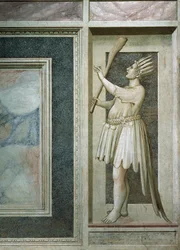 Dårskap, mansfigur med mun stängd av ett lås, en klubba i höger hand, huvud täckt av fjädrar och påfågelsvans, av Giotto, detalj från freskernas cykel The Vices and Virtues, efter restaurering 2002, Scrovegni Chapel, Padua, Veneto , Italien.