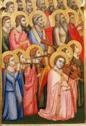 Italien, Florens, Basilica of Holy Cross, Bandini Baroncelli Chapel, Änglar som spelar musikinstrument, detalj av Jungfruns kröning