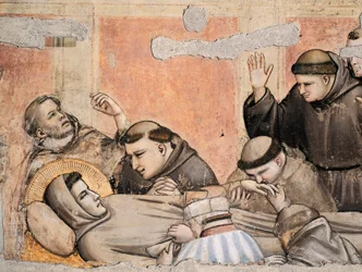 Italien, Florens, Basilica of Holy Cross, Bardi Chapel, Death of St Francis av Giotto (1267-1337), fresk, detalj