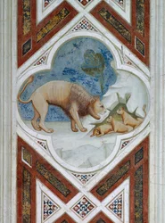 Målad kakel, symbol för Jesu Kristi uppståndelse, Detalj från fresker, av Giotto