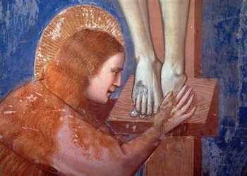 Korsfästelse, detalj av Magdalena (fresco