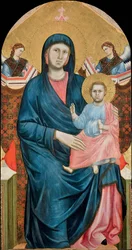 Madonna och barn tronade med två änglar av Giotto di Bondone (1266-1377). Tempera på panel, ca. 1288, Santo Stefanos stiftsmuseum i Florens