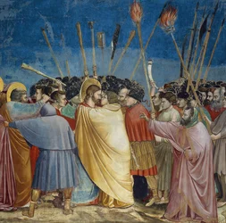 Förräderiet mot Kristus, detalj av kyssen, cirka 1305