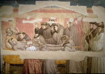 Begravningen av Saint Francois av Assisi, detalj. Stigma verifiering. Målning av Giotto di Bondone (1267? 1337)