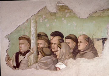 Avsnitt av Saint Francois av Assisis liv: "" Saint Francois visar sig för Fra Agostino och till en eveque"" Detalj som representerar en grupp franciskanermunkar. Fresk av Giotto da Bondone