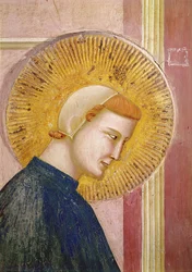 Saint Francis hedrad av en enkel man, detalj av Saint Francis huvud, ca 1297-99