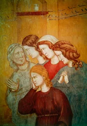 Saint Francis återupplivar den oförsonade kvinnan för att underlätta hennes bekännelse, detalj om gruppen kvinnor till höger, ca 1297-99