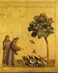 Den helige Franciskus av Assisi predikar för fåglarna. Detalj av predellan med den helige Franciskus av Assisi som tar emot stigmat. Målning av Giotto di Bondone