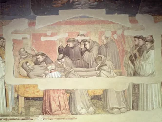 The Death of St. Francis, detalj av bår och sörjande, från Bardi kapell fresk se även 63380, 63329, 99677