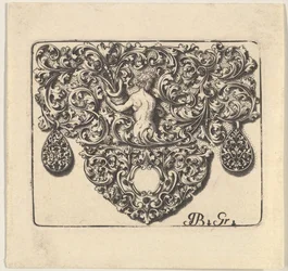 Guldsmedsprydnad med en ung man som håller ett ymnighetshorn, 1709.