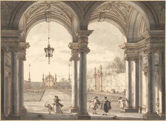 Utsikt genom en barockkolonnad in i en trädgård, 1760-1768