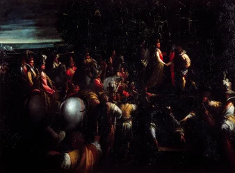 Scen från fabel, av Giovanni Andrea Donducci känd som Mastelletta (1575-1655), olja på duk