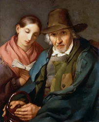 Figur av en äldre man som sitter med en ung allmoge som läser en bok, av Giovanni Carnovali känd som Piccio (1804-1873), olja på duk, 72x59 cm