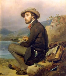 Porträtt av målare, kanske Giovanni Carnovali av Giuseppe Mazza (1817-1884), olja på panel, 28x23 cm