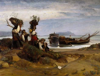 Kvinnor lastar ved i hamnen i Anzio
