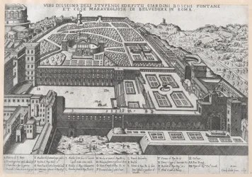 Mirror of Roman Magnificence: Flygfoto över Belvedere och dess trädgårdar, 1579., 1579.