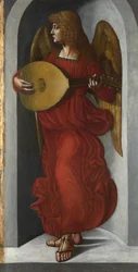 En ängel i rött med en lut, ca. 1490-1499
